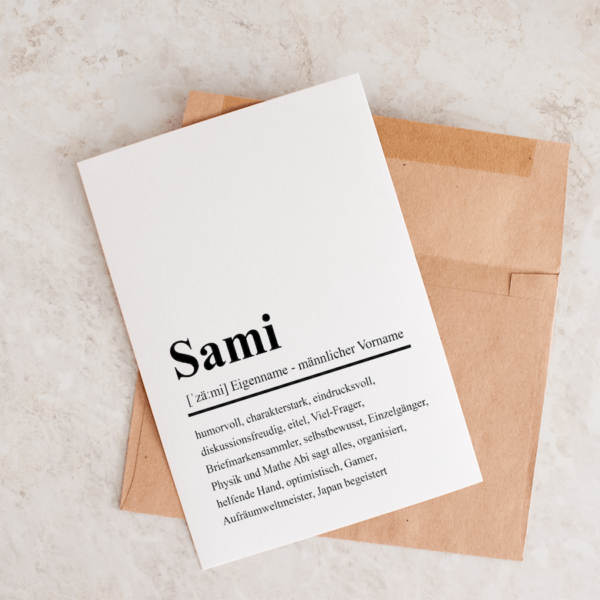 ein characterpaper auf dem sami steht liegt auf einem umschlag